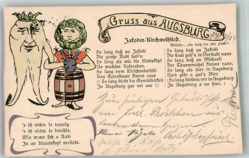 86150 W8900 Augsburg , Bay 1904 Lithographie Gruß aus Augsburg Jakober-Kirchweihlied Rettich Krautkopf