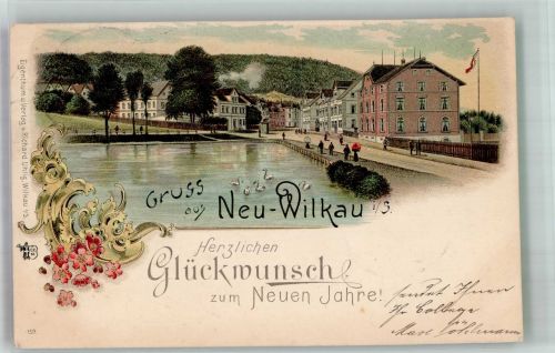 08112 O9533 Wilkau-Haßlau 1899 Lithographie Neu Wikau Schwanenteich Verlag Ottmar Zieher-München Neujahreskarte Bahnpost Wikau