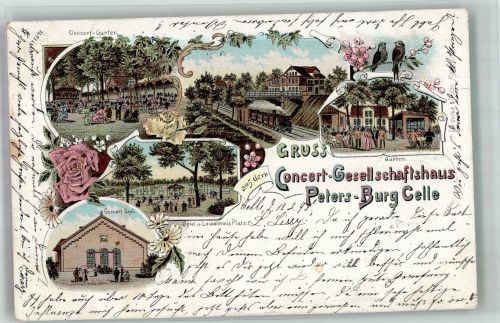 29221 W3100 Celle 1898 Lithographie Konzert-Gesellschaftshaus Peters-Burg Konzertgarten Lawntennis-Platz Konzertsaal