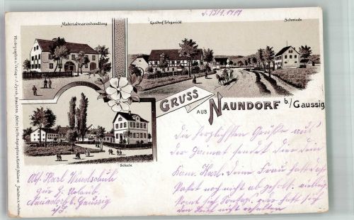 01877 O8501 Naundorf b Bischofswerda 1917 Lithographie Gasthaus Erbgericht Schmiede Materialwarenhandlung Schule