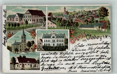 09337 O9271 Callenberg b Hohenstein-Ernstthal 1898 Lithographie Gasthaus Plauen'scher Hof Schule Kirche Historische Scheune