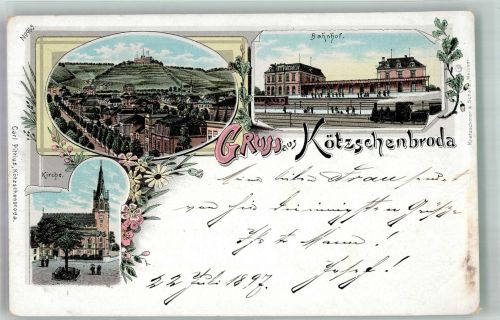 01445 O8122 Kötzschenbroda Lithographie Bahnhof Dorfkirche