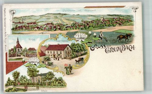 01723 O8211 Grumbach b Freital Lithographie Bauer beim Pflügen Kirche Gasthaus Rode Schule