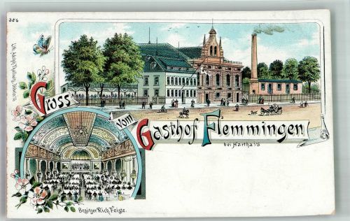 04746 O7302 Flemmingen b Döbeln Lithographie Gasthaus Flemnmingen Speisesaal Schmetterling