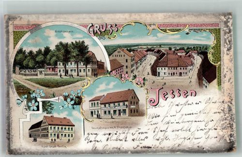 06917 O7940 Jessen Elster 1899 Lithographie Hotel Stadt Berlin Gasthaus Schützenhaus Geschäft Franziskus