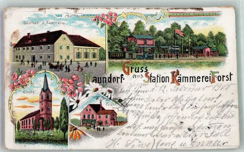 04838 O7281 Naundorf b Eilenburg 1900 Lithographie Bahnhof Station Kämmerei Forst Gasthaus zur Kämmerei Post