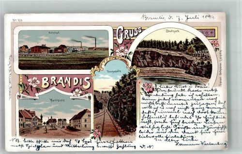 04821 O7253 Brandis b Wurzen 1899 Lithographie Bahnhof Stadtpark Marktplatz Bergspalte