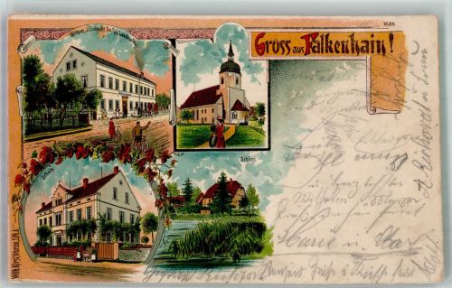 04808 O7251 Falkenhain b Wurzen 1906 Lithographie Schloss Gasthaus zur Eintracht Kirche Schule