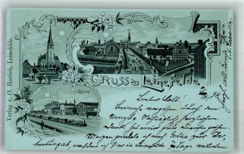 37327 O5600 Leinefelde 1898 Lithographie / Mondschein Bahnhof Dorfstrasse Kirche