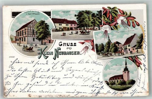 99625 O5231 Kleinneuhausen 1906 Lithographie Lindenplatz Gasthaus zur Linde Pfarrhaus