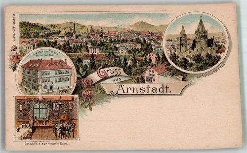 99310 O5210 Arnstadt Lithographie Liebfrauenkirche Gasthaus zum Schwan Stammtisch zur scharfen Ecke