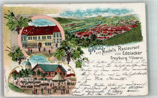 06632 O4805 Freyburg Unstrut 1898 Lithographie Gasthaus zum Edelacker Hotel Neidel