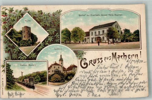 04827 O7254 Machern b Wurzen 1900 Lithographie Turmruine Gasthaus zur Eisenbahn Station Machern Schloss Machern