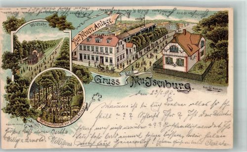 63263 W6078 Neu-Isenburg 1897 Lithographie Gasthaus zur Neuen Anlage Gartenwirtschaft Waldbahn