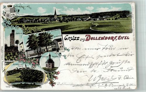 53945 W5378 Dollendorf , Eifel 1900 Lithographie Ostturm Burgberg Schloss-Kapelle Gräfl. Gerichtsstätte Wappen