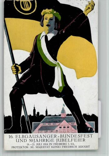 09599 O9200 Freiberg , Sachs 1914 BOAKC Lithographie-Künstlerkarte 16. Elbgausänger Bundesfest & 50 jähr. Feier 1914 Fahnenträge Karte Nr. 1