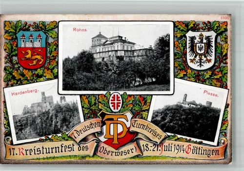 37073 W3400 Göttingen , Niedersachs 1914 BOAKC 17. Kreisturnfest des 7. Deutschen Turnerkreises Oberweser 1914 Wappen Rohns Burg Hardeberg Burg Plesse Vignette Sonderstempel Festpostkarte Nr. 4