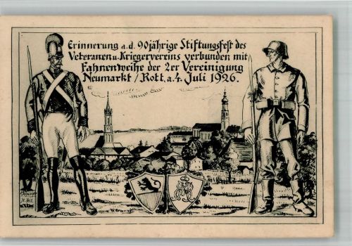 84494 W8267 Neumarkt-Sankt Veit 1926 BOAKC Lithographie-Künstlerkarte Erinnerung a. d. 90-jährige Stiftungsfest des Veteranen- und Kriegervereins 1926 Soldaten Wappen sign. Schwaiger