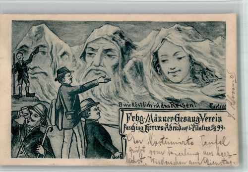 W7800 Freiburg im Breisgau sign. Endriss Fasching Herrenabend auf dem Pilatus Berggesicht 1899 BOAKC