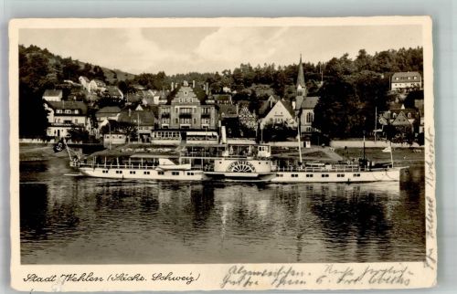 O8306 Wehlen Stadt Raddampfer Elbeschiff Schmilka vor dem Manufaktur Boutique Hotel Stadt mit Hakenkreuz 1941 Foto AK