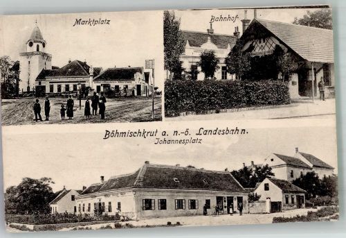 2143 Großkrut Foto AK Böhmischkrut Marktplatz Kirche Bahnhof Johannesplatz