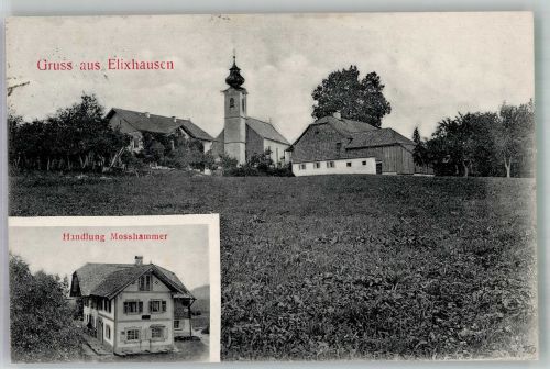 5161 Elixhausen 1909 Foto AK Landpost Handlung Mosshammer Kirche