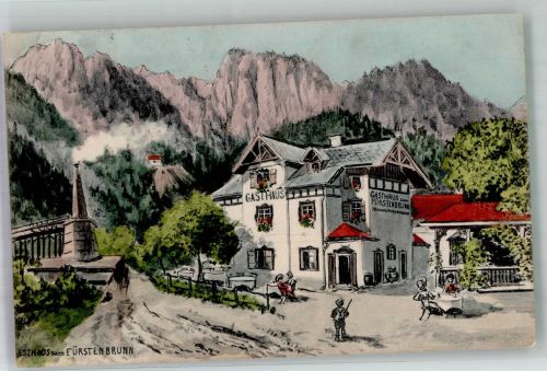 5082 Grödig 1914 Lithographie / Künstlerkarte Gasthaus zum Fürstenbrunn