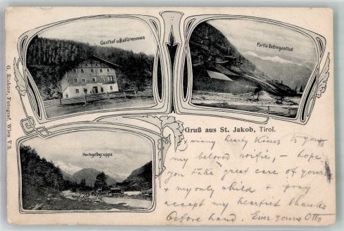 6580 St. Jakob am Arlberg 1905 Foto AK Gasthaus Bad Grienmoos Defrental Hochgelbgruppe