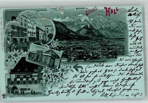 6060 Hall in Tirol Lithographie Schwimmbad Rathaus Oberer Stadtplatz