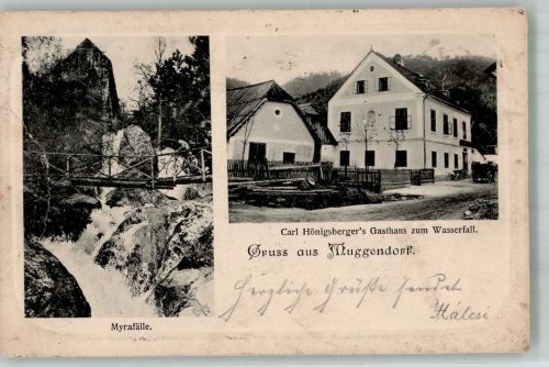 2763 Muggendorf 1905 Gebrauchsspuren Gasthaus zum Wasserfall Myrafall