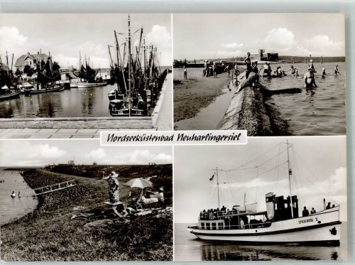 26427 W2943 Neuharlingersiel Foto AK Hafen Fischerboote Dampfer Spiekeroog Schwimmbad