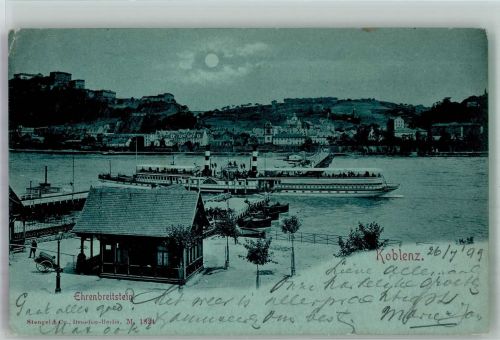 56068 W5400 Koblenz am Rhein 1899 Mondschein Burg Ehrenbreitstein Dampfer