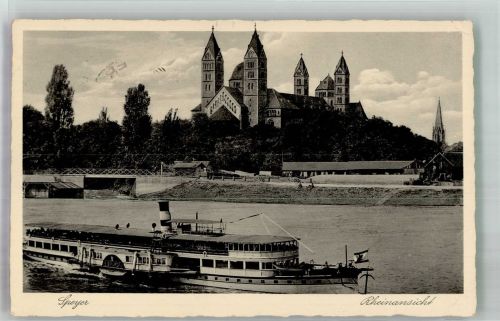 67346 W6720 Speyer 1941 Foto AK Kirche Dom Dampfer Rheinansicht