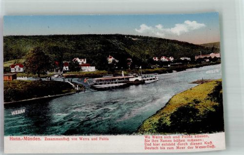 34346 W3510 Hann. Münden Foto AK Zusammenfluss Werra und Fulda Dampfer