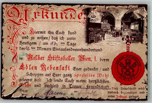 1010 Wien 1. Bezirk, Innere Stadt 1928 Foto AK Gasthaus Melker Stiftskeller Urkunde