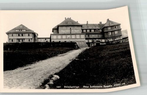 Neue schlesische Baude Foto AK Hüttenstempel Scan verzogen