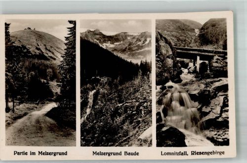 Melzergrundbaude Foto AK Hüttenstempel Riesengebirge Melzergrund Lomnitzfall