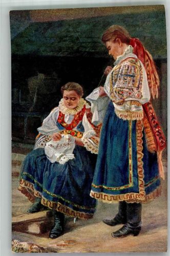 Pistyan Piestany Lithographie / Künstlerkarte Tracht Stickerinnen