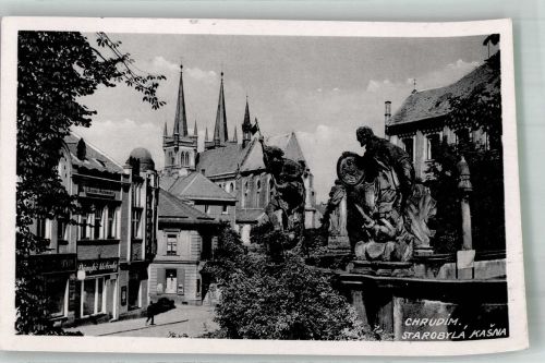 Chrudim Schumberg 1940 Foto AK Denkmal Kirche Geschäft