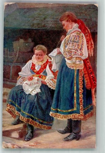 Pistyan Piestany !)!& Künstlerkarte Tracht Frau Stickerinnen