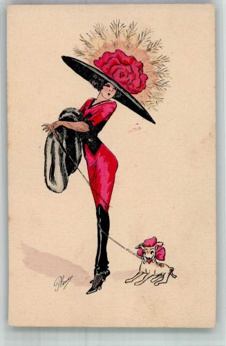 sign. Plum Frau mit einem Schoßhund Art Deco Hutmode Künstlerkarte
