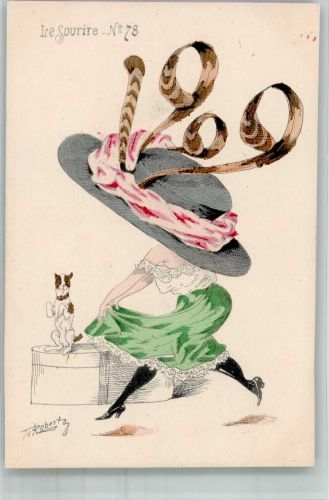 Fantasie Frau mit einem kleinen Hund sign. Roberty Hutmode