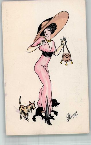 sign. Plum Frau mit kleinen Hunden Serie 29 G.H. Paris Hutmode 1911 Künstlerkarte