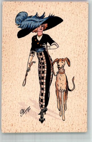 Art Deco Frau mit einem Hund sign. Plum Hutmode 1911 Künstlerkarte