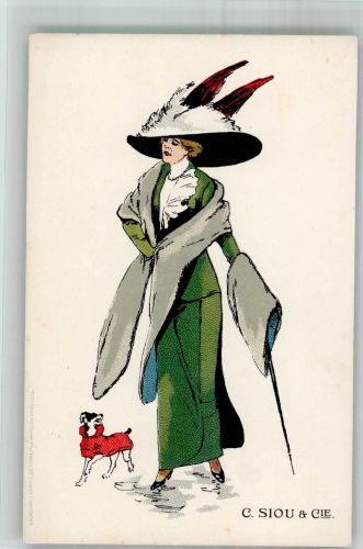 Mode Frau mit einem kleinen Hund Werbung C. Siou & Cie Kekse Mode 1899 Lithographie