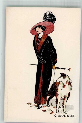 Frau mit einem Windhund Werbung C. Siou & Cie Kekse Mode Lithographie / Künstlerkarte