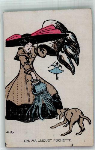Karikatur sign. A.R. Hund beißt in die Handtasche der Dame Hutmode 1913 Künstlerkarte