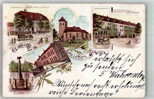 39343 O3241 Erxleben b Haldensleben 1900 Lithographie Gasthaus zum goldenen Stern Schloss Kriegerdenkmal Schule Kirche