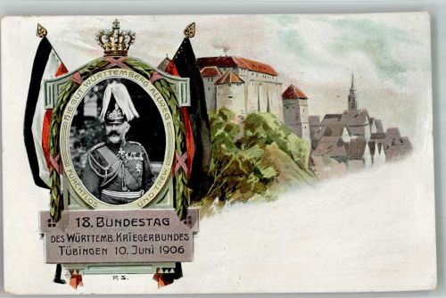 72070 W7400 Tübingen 1906 Lithographie 18. Bundestag d. Württembergischen Kriegerbundes 1906 Offizier Pickelhaube Schloss