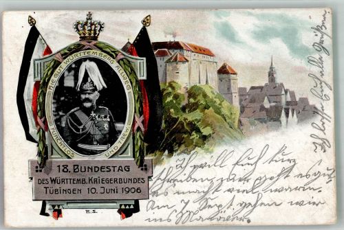 72070 W7400 Tübingen 1906 Lithographie 18. Bundestag d. WWürttembergischen Kriegerbundes 1906 Offizier Pickelhaube Schloss